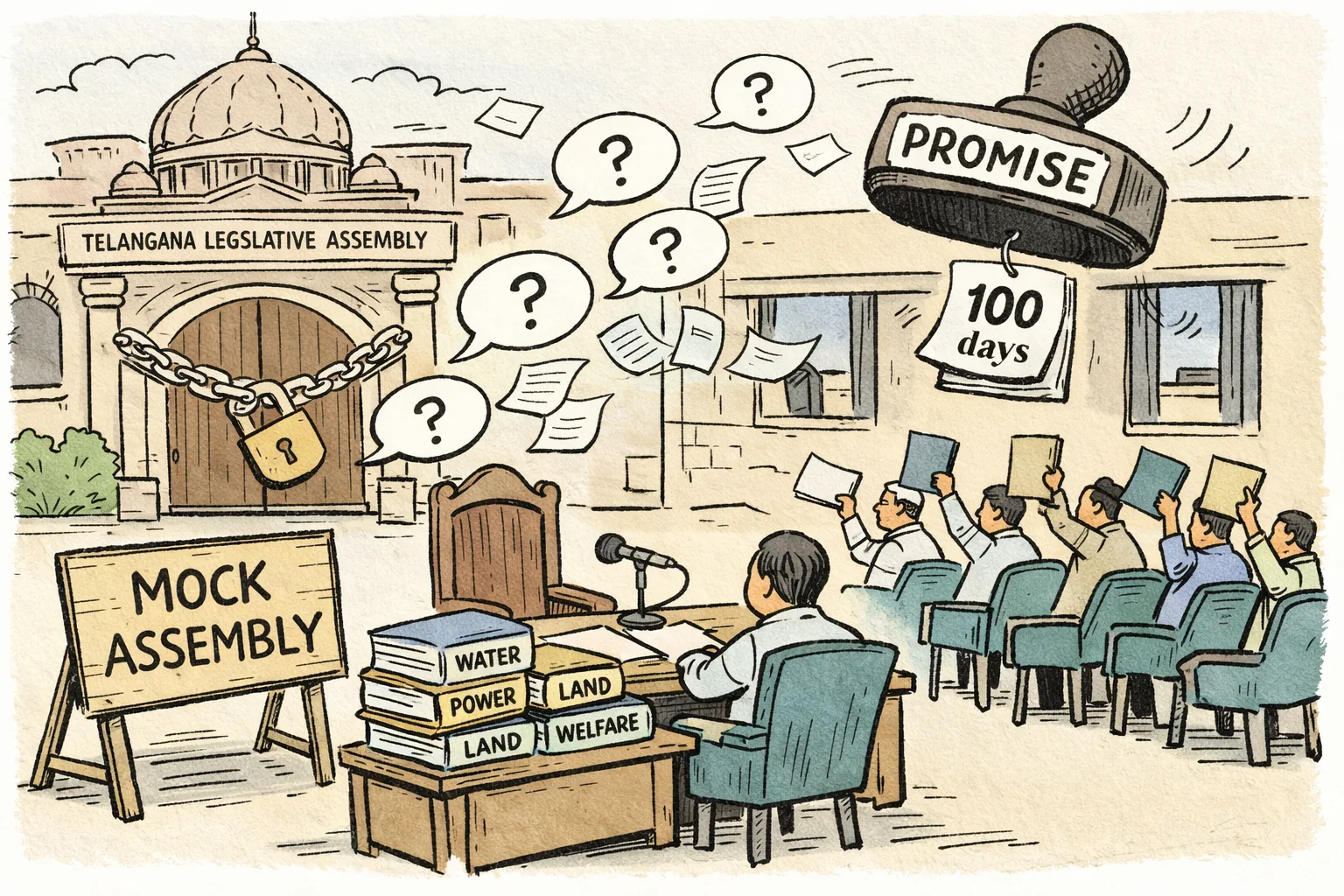 A makeshift assembly room at Telangana Bhavan sits beside a locked legislative chamber, with files on water, power, land and welfare and question papers slipping around the locked door.
