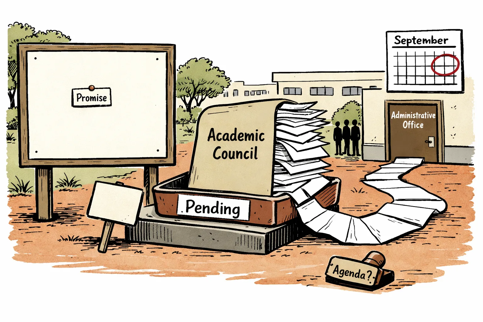 A blank University of Hyderabad noticeboard stands beside a huge file marked Academic Council on a tray marked Pending, with a paused protest placard and a September calendar in the background.