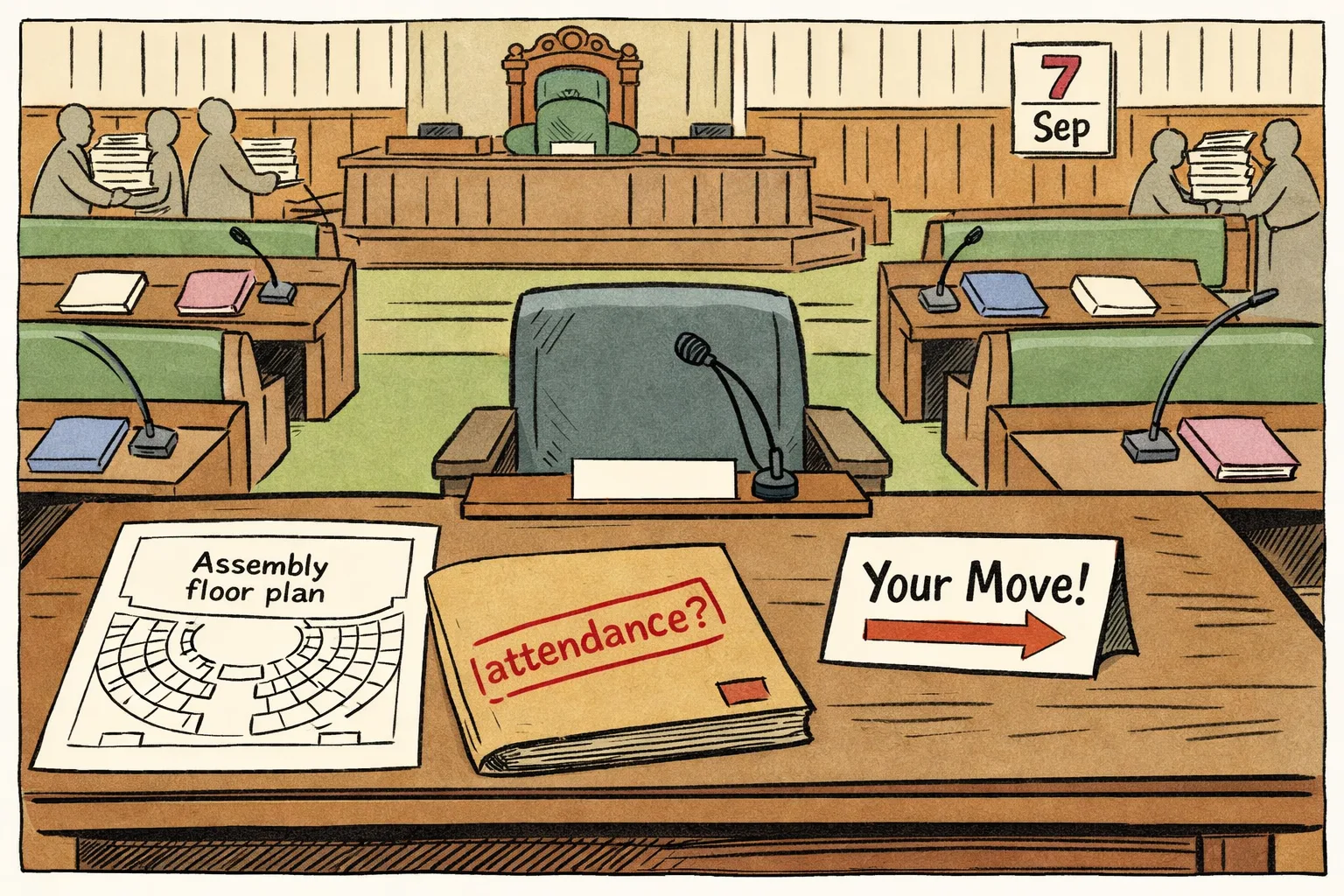 Inside the Telangana Assembly, a floor plan and briefing files sit beside an empty marked seat, while anonymous clerks handle paperwork in the background.