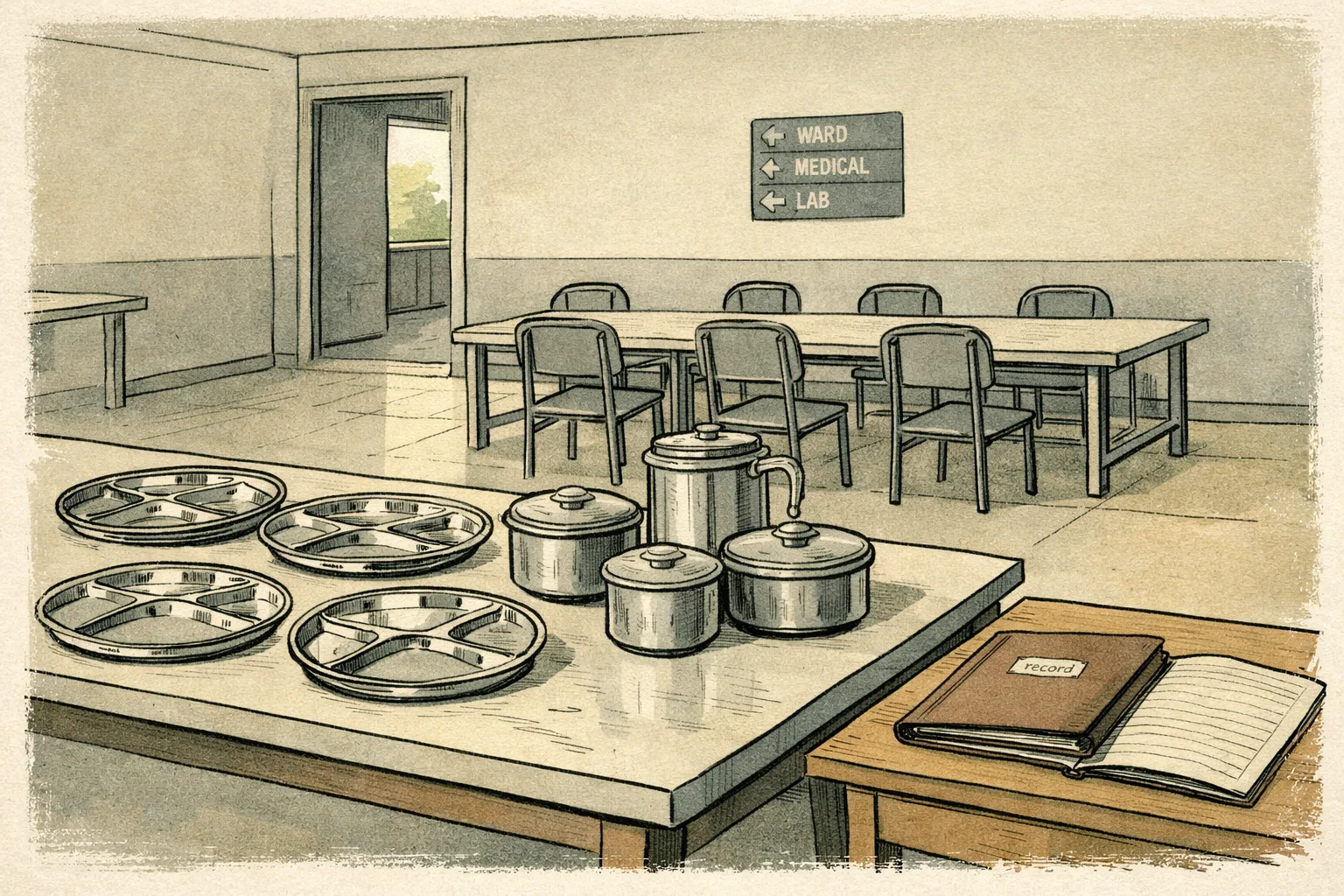 A quiet hostel dining hall in Bellampalli with covered lunch plates on a table, an empty doorway leading toward a hospital sign in the distance, and an unopened official file on a desk.