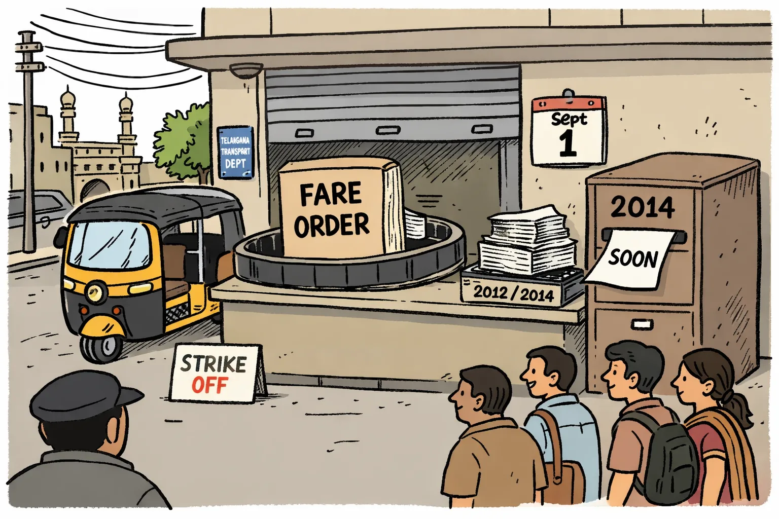 A parked auto-rickshaw marked “STRIKE OFF” waits outside an official counter while a fare-order file loops back into a cabinet labelled “2014” and a new sheet marked “SOON” remains stuck inside.