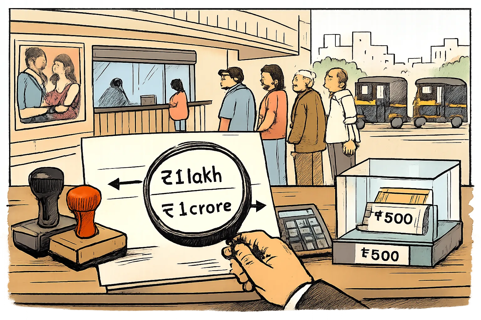 A cinema ticket marked ₹500 sits securely beside an official memo showing conflicting welfare amounts of ₹1 lakh and ₹1 crore, while a clerk examines the figures with a magnifying glass.