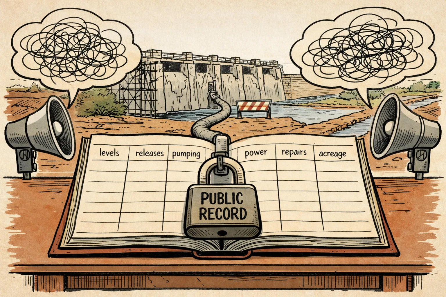 A giant locked public ledger sits before two opposing loudspeakers, with a damaged barrage and Telangana canal landscape behind them.