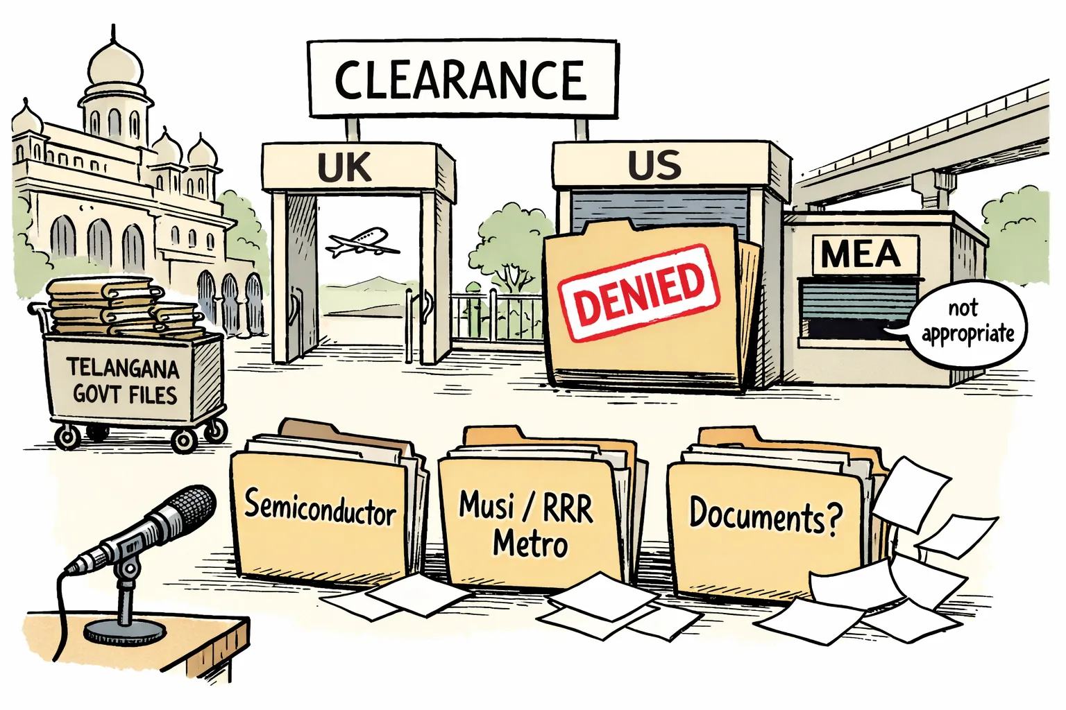 A cartoon outside a Hyderabad government travel-clearance office shows an open UK gate and a shut US gate marked with a denial stamp, while empty political-claim folders sit beside a half-closed MEA window.