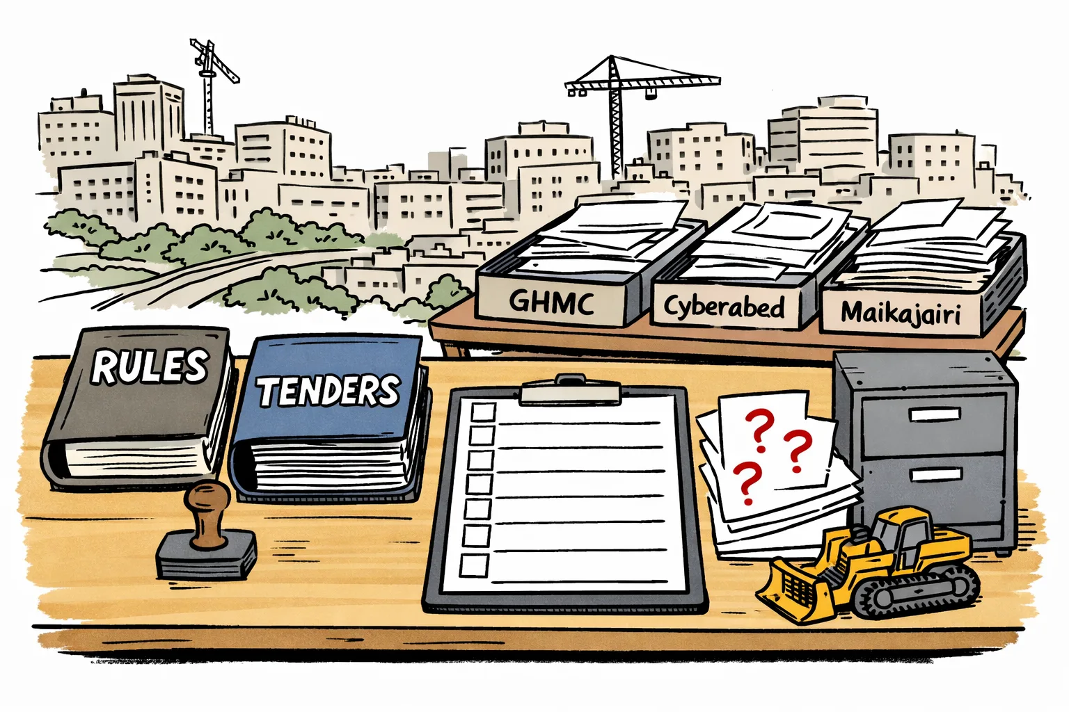 A cartoon municipal office desk holds a rulebook, tender file, rubber stamp and blank inspection clipboard, while question-mark papers and three corporation filing trays sit before a map of Hyderabad.