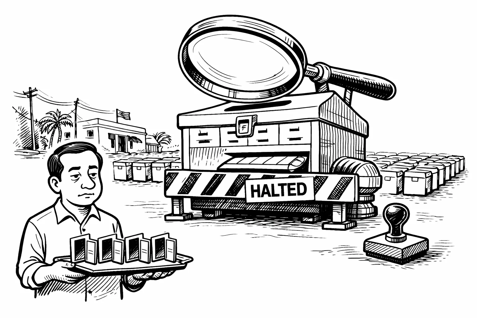 A giant halted municipal election machine is examined with an oversized magnifying glass while a clerk holds four small reopened nomination doors; rows of sealed ballot boxes recede behind a barrier marked “HALTED”.