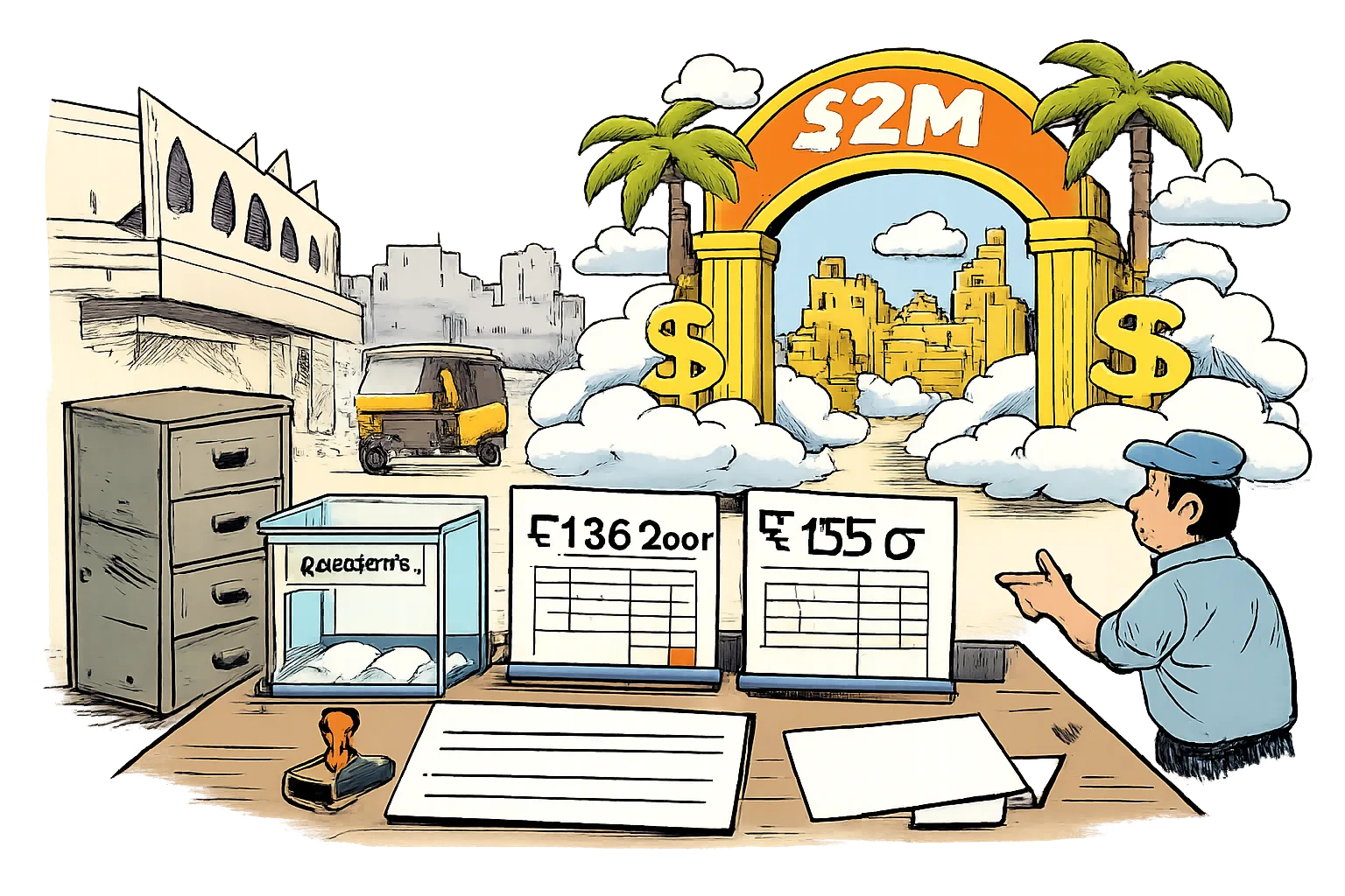 A cartoon cinema display leads to a glowing gate marked $2M, while an empty receipts box and two conflicting spreadsheets marked ₹138.25 crore and ₹155 crore sit beside an unused audit stamp.