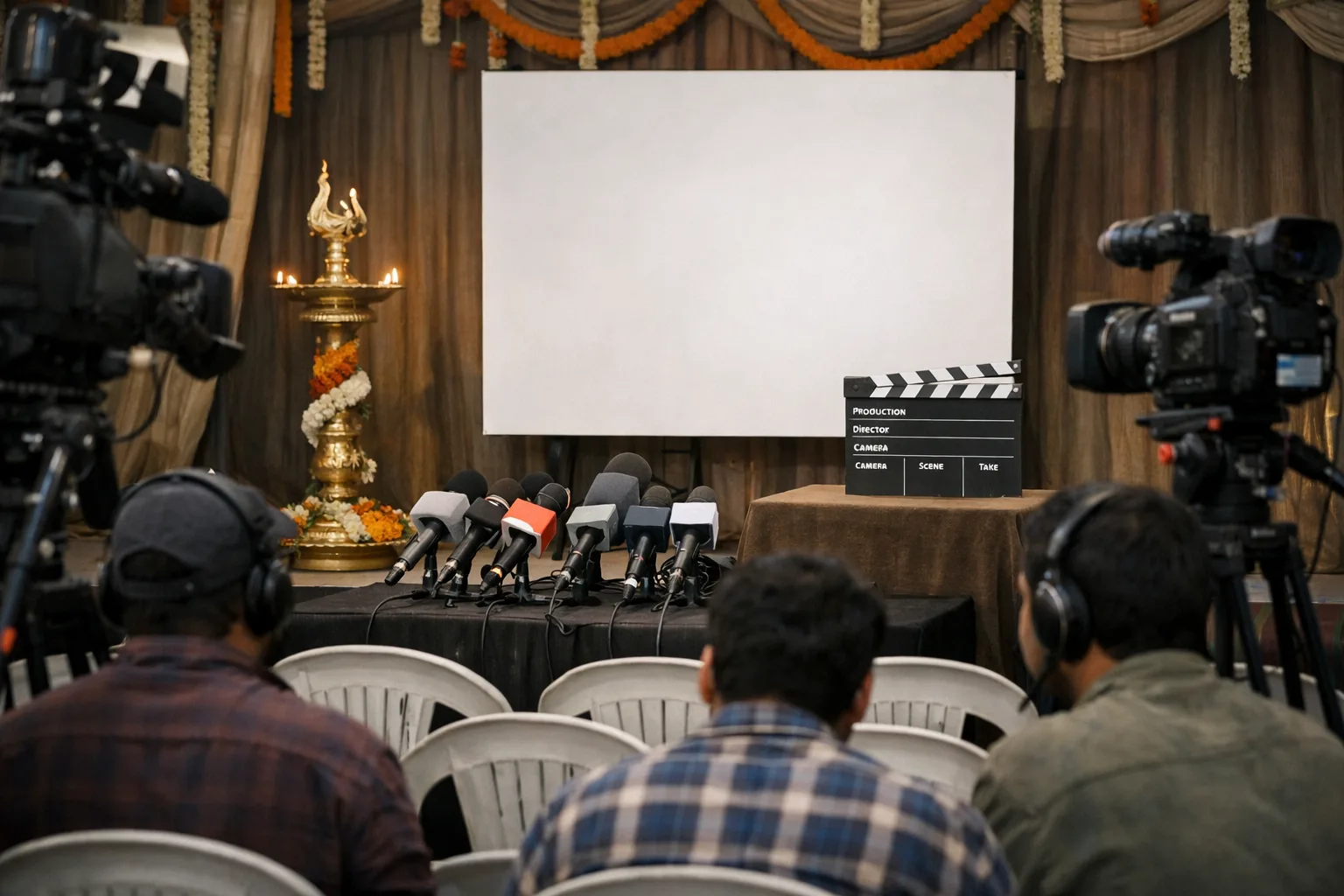 A photorealistic Hyderabad film-launch stage with a clapperboard, ceremonial lamp, blank film poster and microphones, surrounded by camera rigs and empty chairs; no actor’s face is visible.