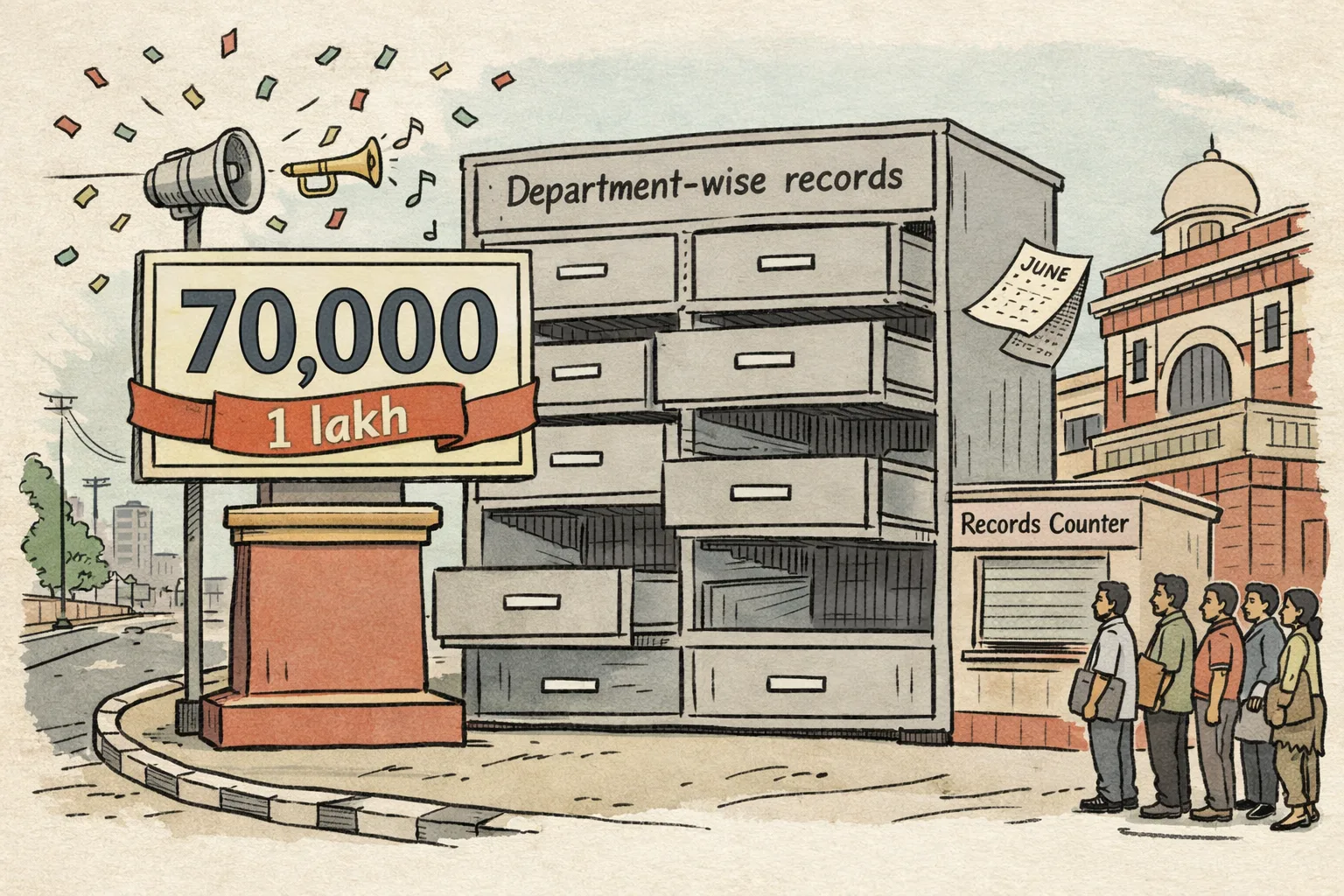 A giant government jobs scoreboard shows 70,000 beside a one-lakh ribbon, while an empty filing cabinet labelled Department-wise records stands outside a Telangana government office.