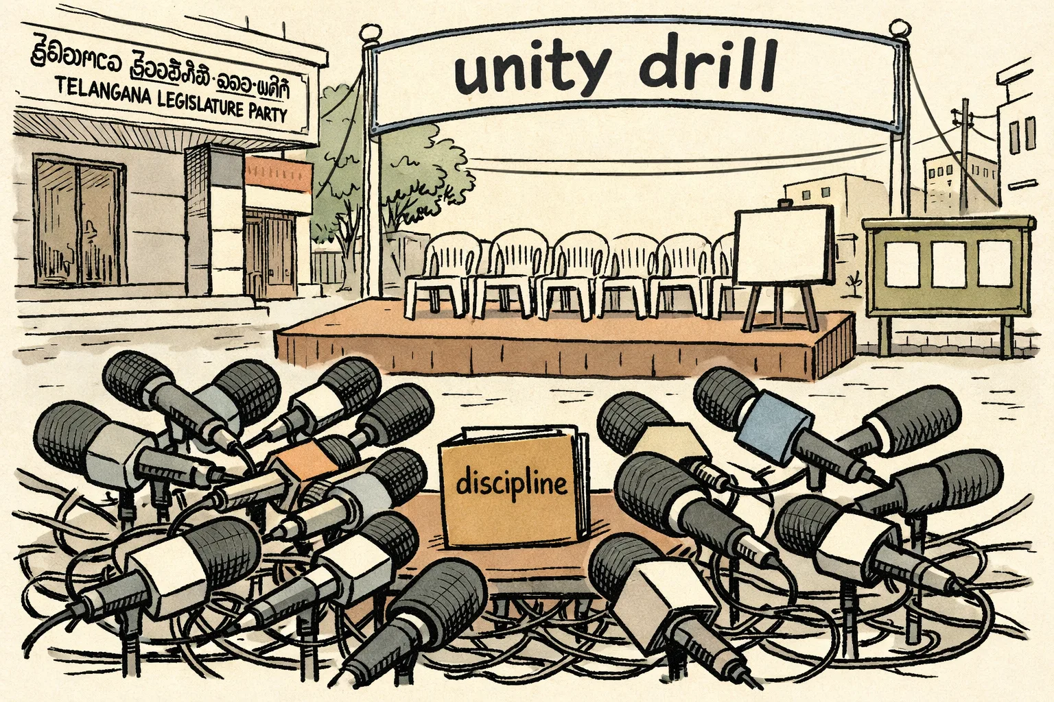 Around 20 microphones crowd around a small disciplinary file outside a Telangana legislature party office, while an empty platform and unused chairs stand beneath a unity-drill banner.