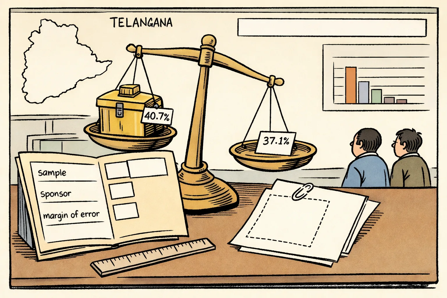 A tilted weighing scale in a Telangana newsroom holds a 40.7 percent poll trophy against a 37.1 percent sheet, beside an open survey folder with blank sample, sponsor and margin-of-error sections and a missing methodology page.