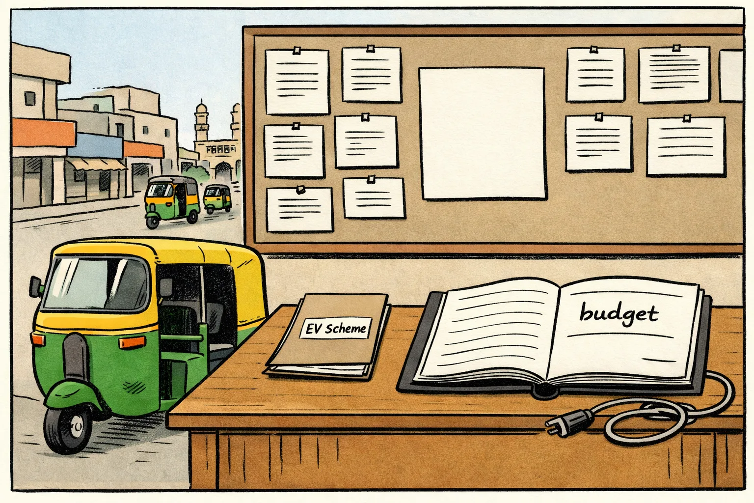 A Hyderabad auto-rickshaw waits beside a government file marked with a large rupee symbol, while a blank budget ledger and an unplugged charging cable sit on a desk.
