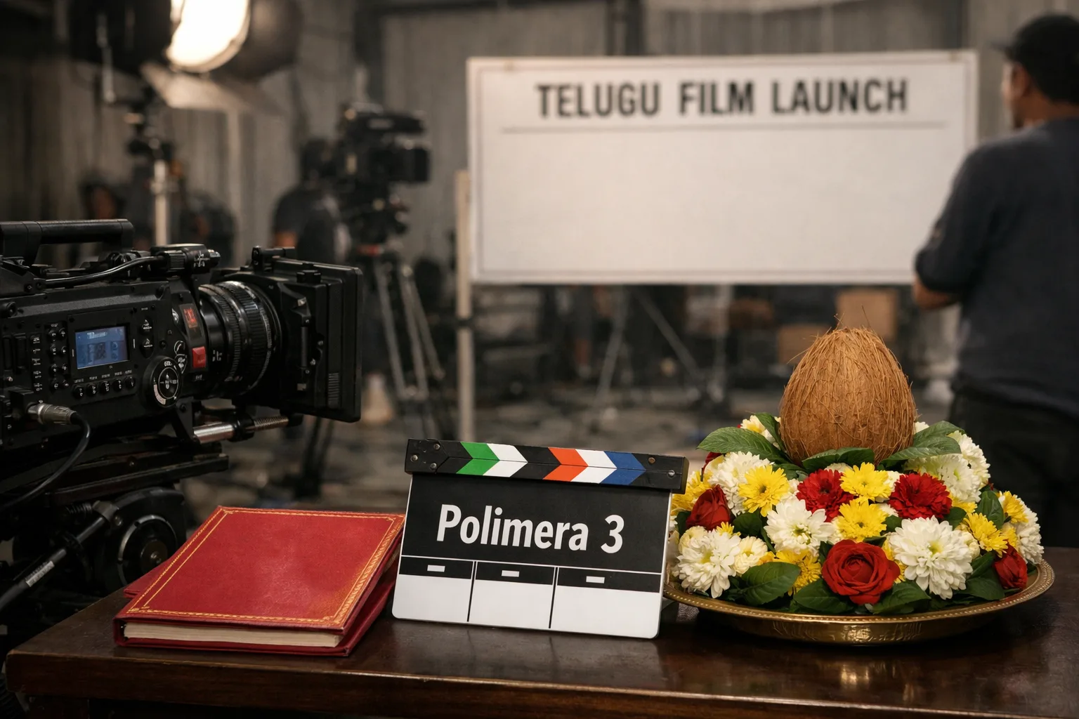 A photorealistic film-launch setup in a Secunderabad studio: a clapperboard marked “Polimera 3,” a camera being switched on, a ceremonial script folder, and a large blank release-date board under film lights.
