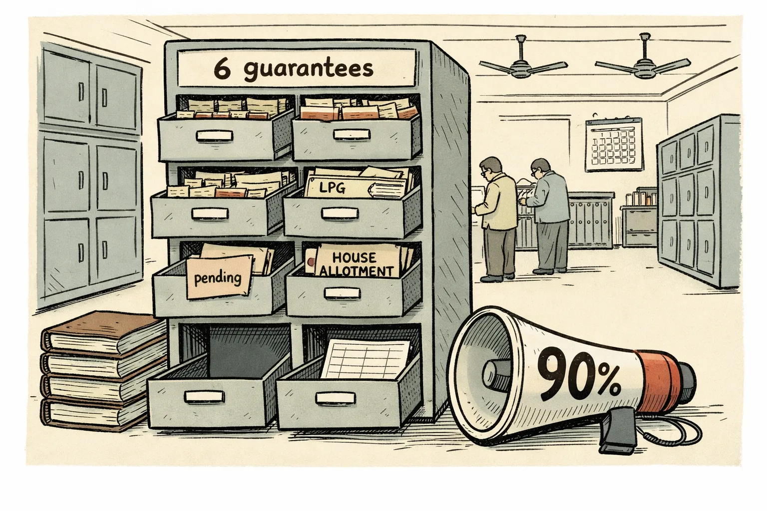 A Telangana government filing cabinet labelled six guarantees has four drawers full of receipts and two incomplete files, while a megaphone marked 90 percent lies beside official ledgers.