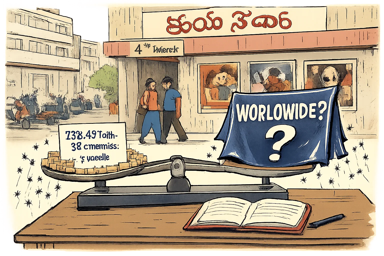 A Hyderabad cinema facade stands behind a desk holding a small receipt marked ₹58.49 lakh from 36 cinemas in one week, while an oversized banner marked worldwide question mark towers above an empty ledger.