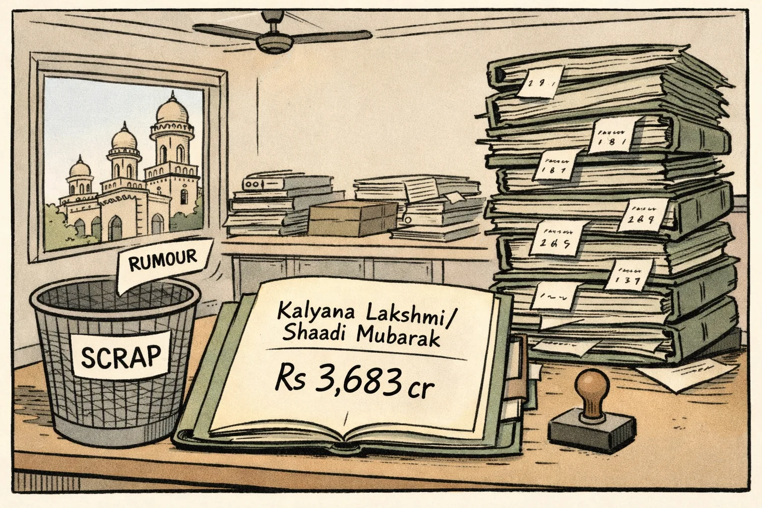 A Telangana government budget document marked with a large rupee figure sits on a desk, while a rumour-shaped scrap bin beside it remains empty; delayed payment files are stacked in the foreground and a Hyderabad government-office setting fills the background.