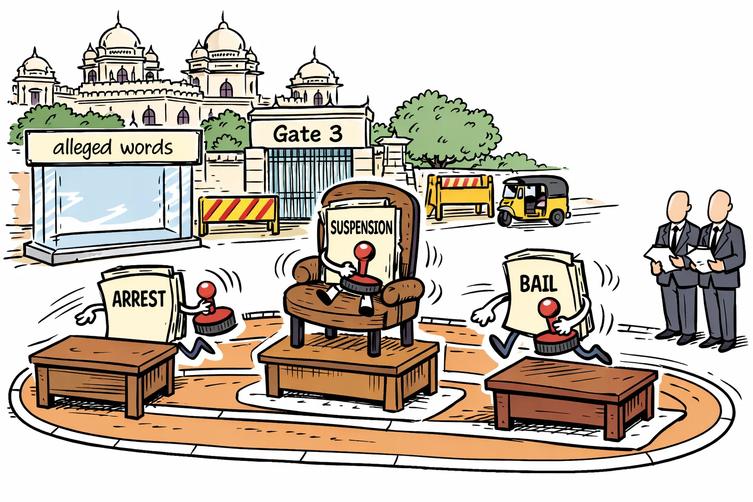 A cartoon outside the Telangana Assembly shows arrest, suspension and bail files racing between a police desk, a council chair and a court desk while an empty case marked alleged words sits behind them.