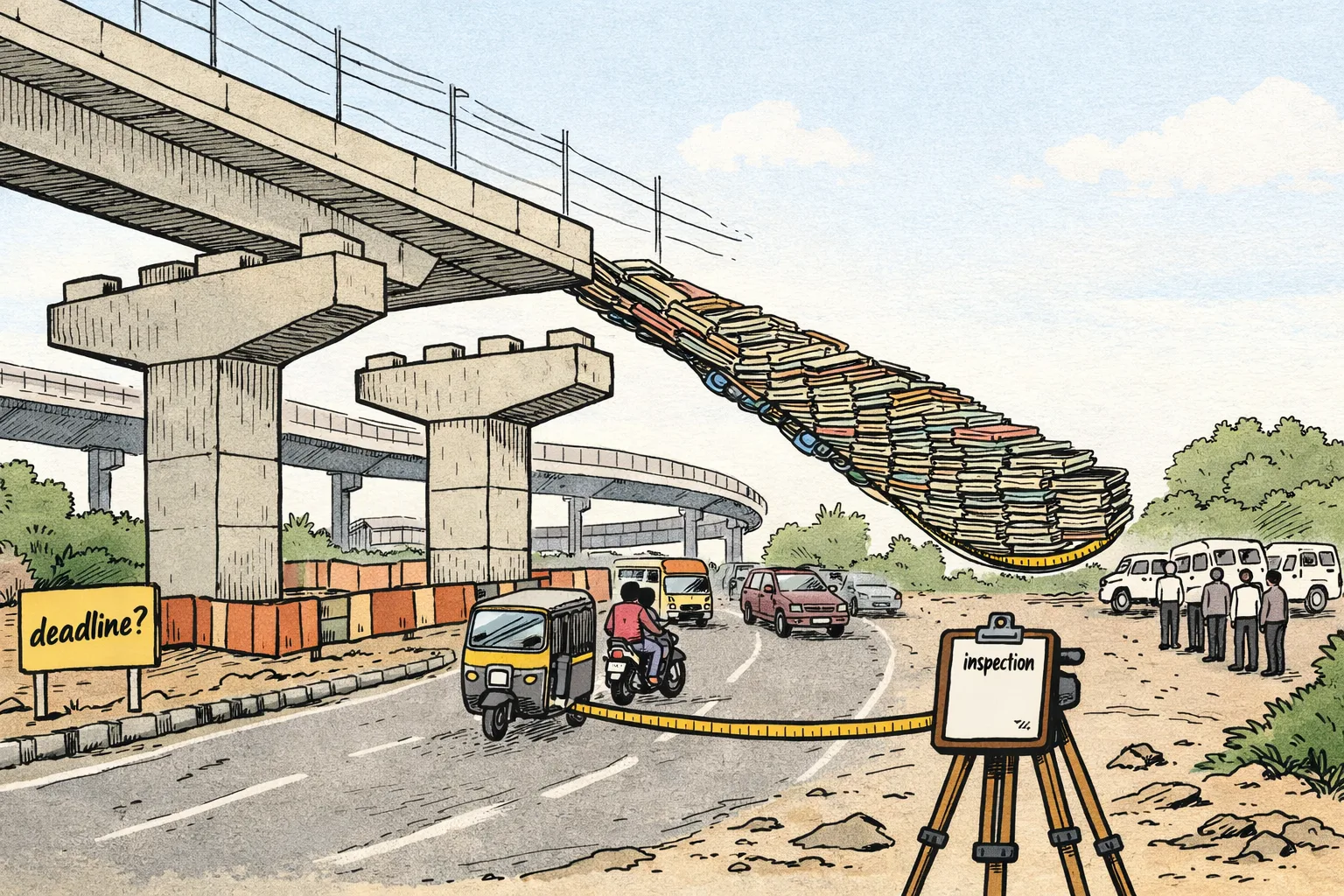 An unfinished elevated road near a Hyderabad junction has a short line of concrete piers on one side and a sagging bridge made from government files on the other, while unidentifiable officials inspect the gap.
