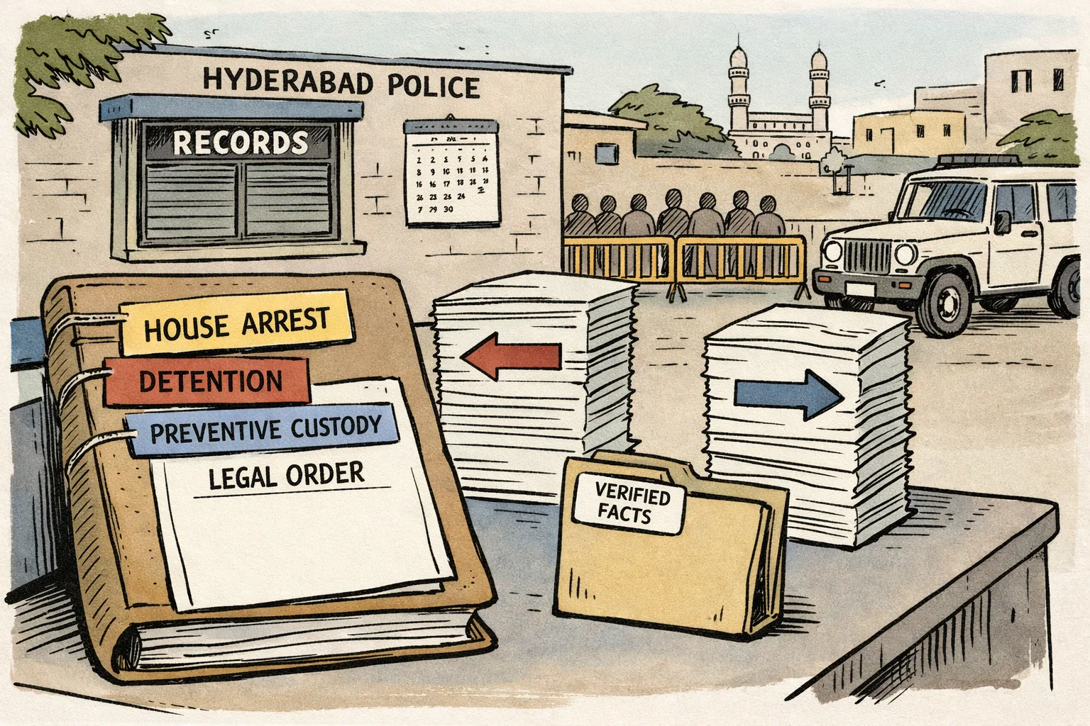 A large police file with overlapping detention labels sits beside an empty folder marked for verified facts, outside a Hyderabad police office with barricaded figures in the background.