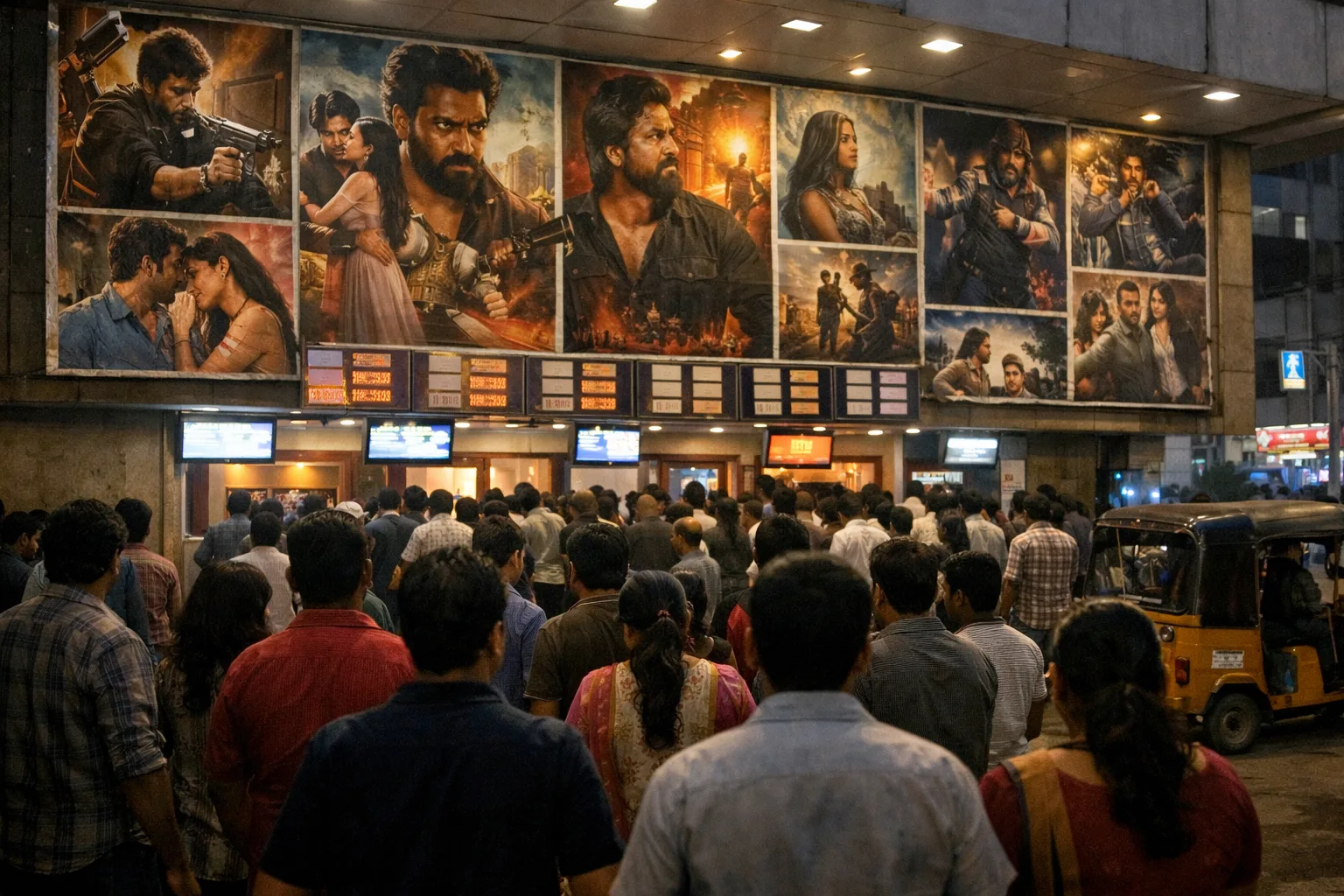 A Hyderabad multiplex entrance displays a tightly packed wall of Telugu film posters beside a crowded cinema marquee, with moviegoers gathered in front.