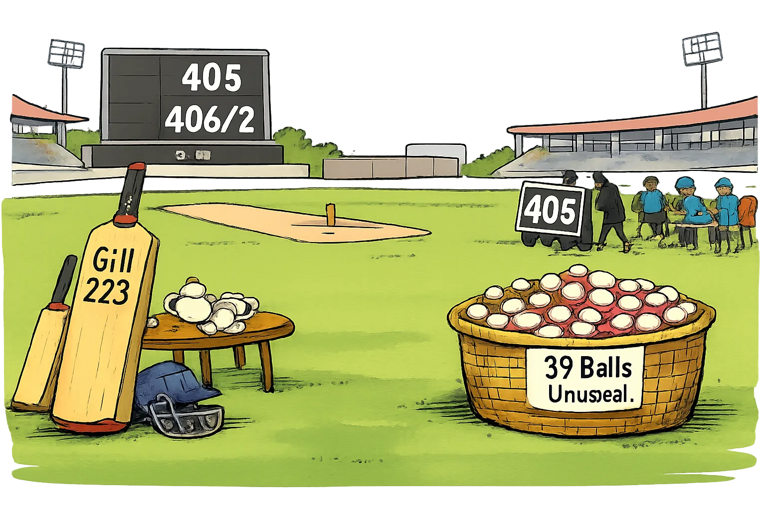 A cartoon cricket scoreboard shows 405 and 406/2 while an oversized bat marked Gill 223 leans beside a tea table and a full basket holds 39 unused balls.