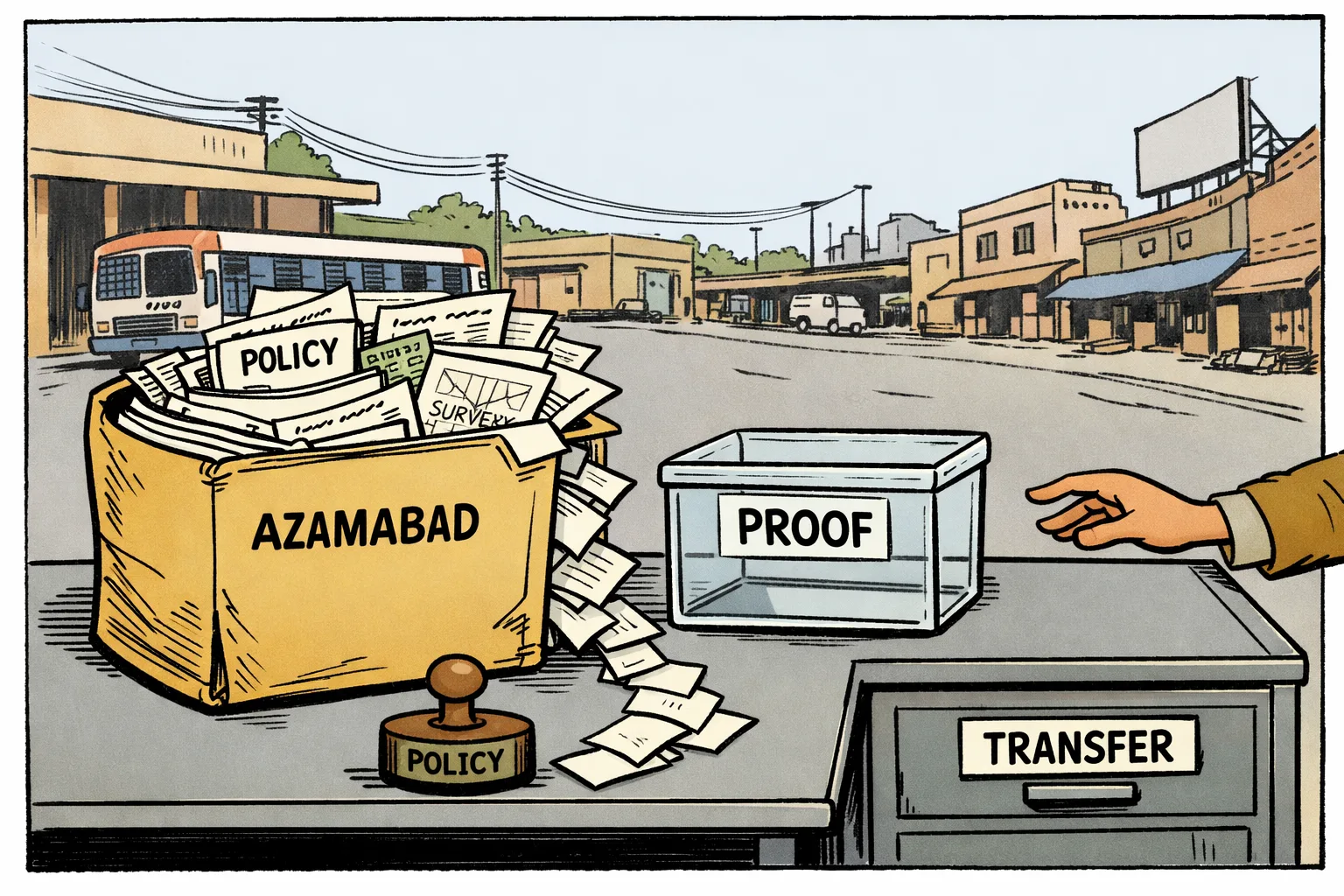 A giant manila government file labelled "AZAMABAD" sits on a desk, with a clear glass box marked "PROOF" still empty; behind it, a Hyderabad industrial-area street and RTC Crossroads are partly hidden by overlapping claim slips and survey maps.