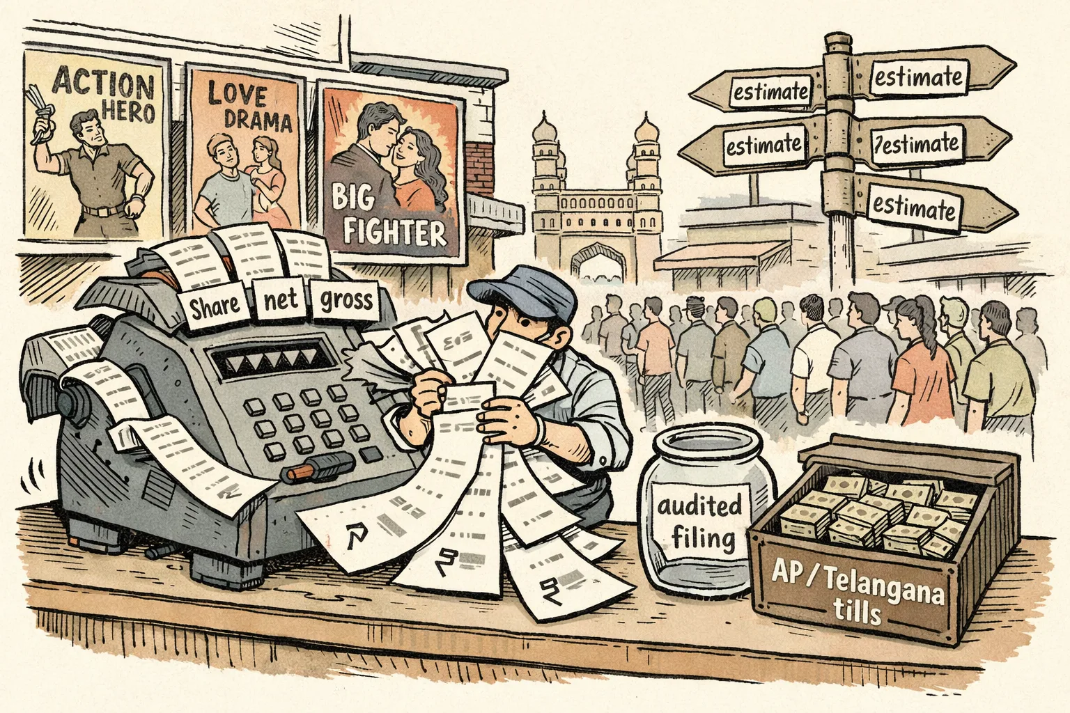 A cartoon outside Telugu-state cinemas shows an adding machine producing different box-office totals from ticket stubs labelled share, net and gross, beside an empty audited-filing jar and a full AP/Telangana tills drawer.