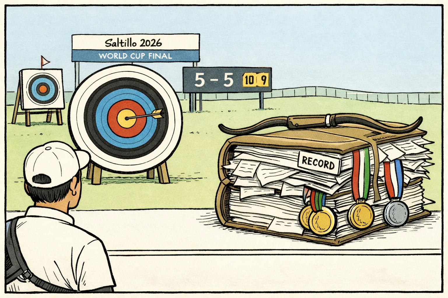 An archer has placed an arrow in the centre of a target while a large record book and a recurve bow sit beside a scoreboard showing a tied match and a final 10 against 9.