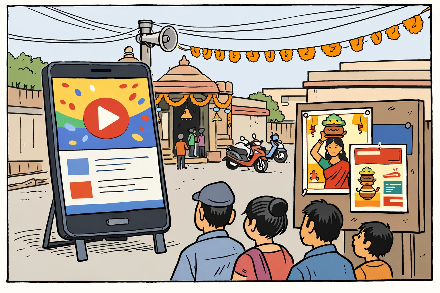 A colourful animated invitation screen beside a printed Bonalu poster, with a Hyderabad street, temple entrance and procession route in the background.