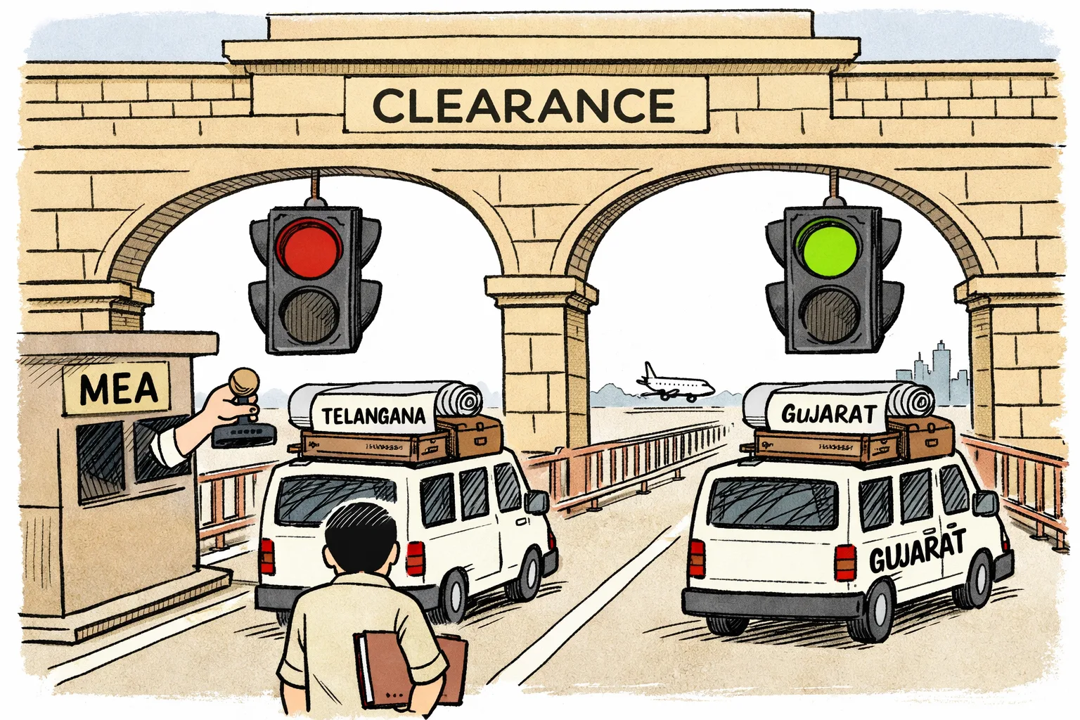 At a government checkpoint, a Telangana investment vehicle waits under a red light while an almost identical Gujarat vehicle passes under a green light; an opaque clearance booth stands between the lanes.