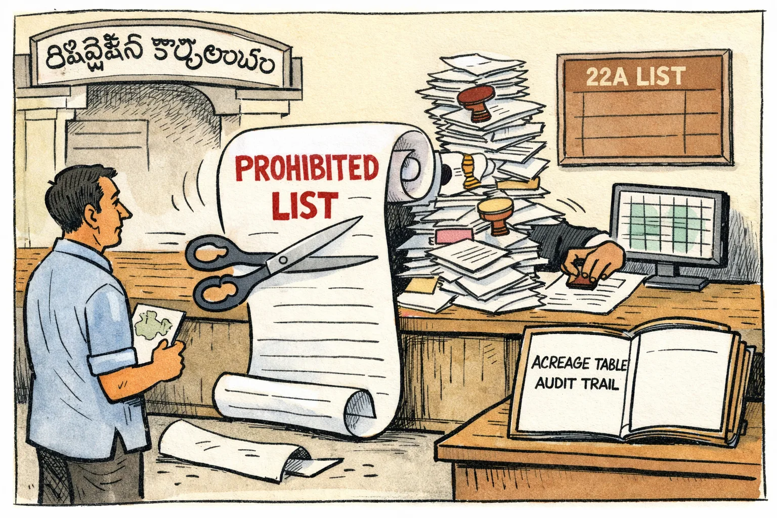 A Telangana registration-office counter displays a giant prohibited-properties list being cut shorter, while stacks of correction forms rise beside an empty folder marked acreage table and audit trail.