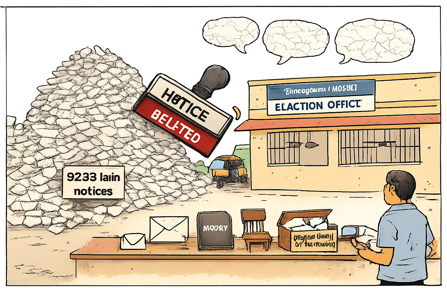 A giant pile of voter notices towers outside a Telangana electoral office, beside a smaller desk showing an inquiry file, hearing chair and open document box; a rubber stamp is stuck between ‘NOTICE’ and ‘DELETED’.