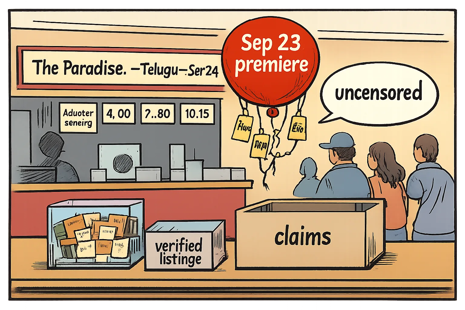 A cartoon multiplex lobby shows a verified Telugu film ticket listing beneath floating publicity balloons labelled with a premiere date and uncensored claim, beside an empty claims box.