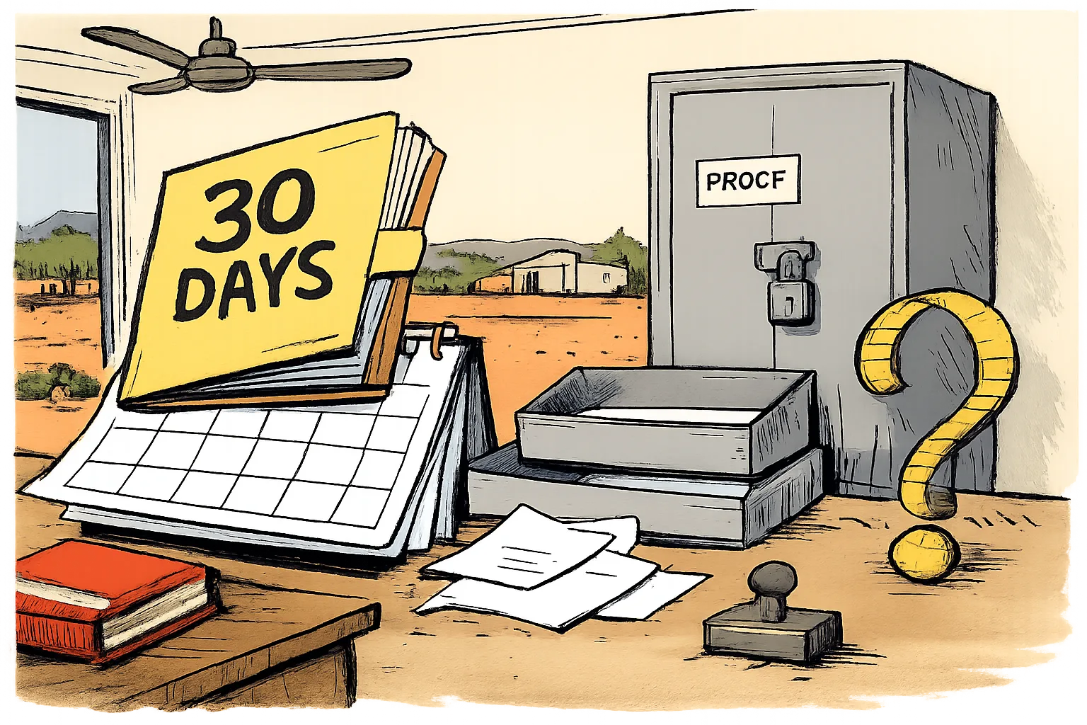 An oversized 30-day inquiry file and a calendar sit outside a Telangana records room, facing a locked cupboard marked proof and an empty tray for survey numbers and deeds.