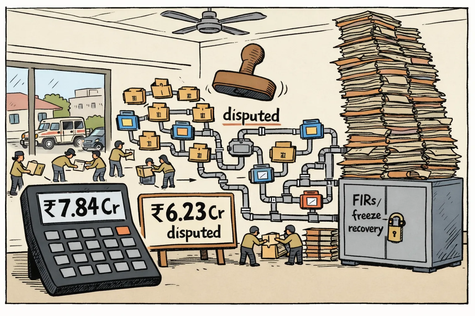 A cartoon Khammam police office shows a giant calculator with rupee figures beside a tangled network of account folders and an overflowing stack of files, while a locked records cupboard sits in the background.