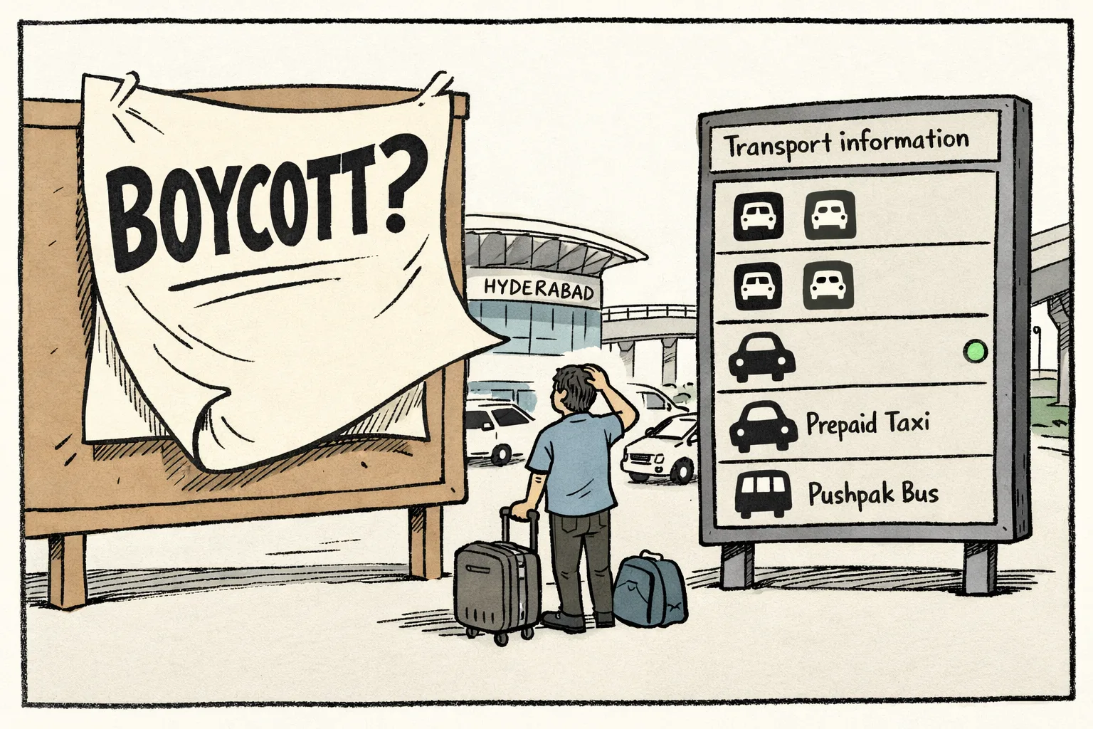 At Hyderabad airport, an oversized boycott notice stands beside a transport board still showing app cabs as available, while a traveller with luggage looks between them and cabs wait near the terminal.