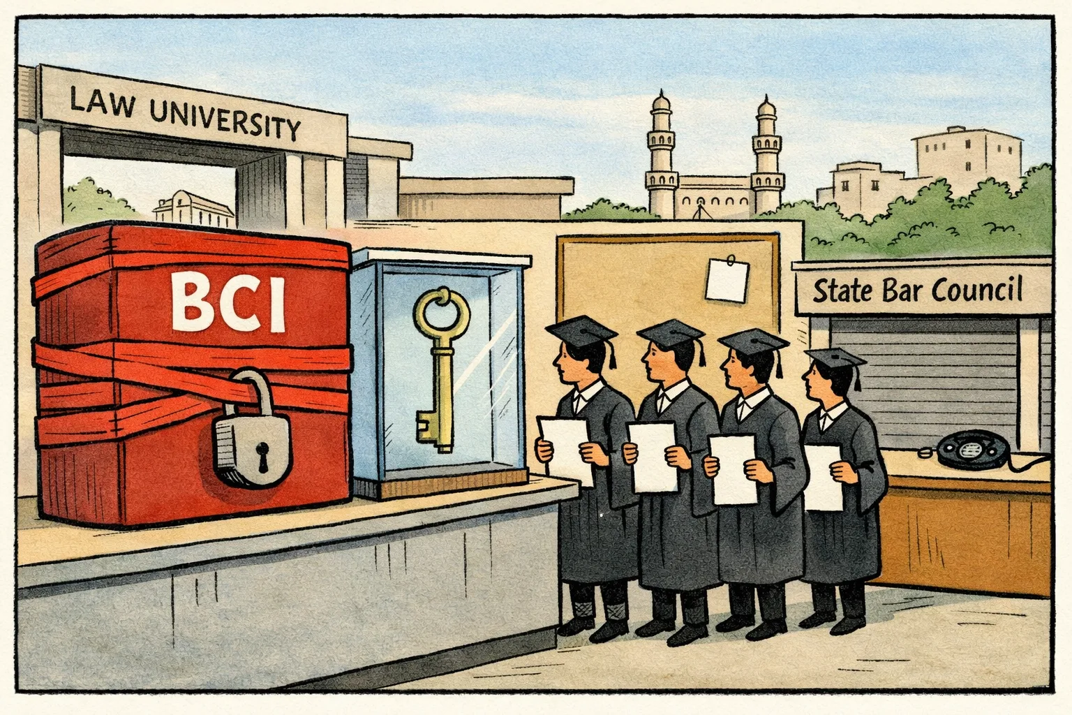 A large sealed file marked “BCI” sits on a counter between a Hyderabad law campus gate and a row of waiting graduates, while an empty noticeboard behind it bears only a small blank sheet.
