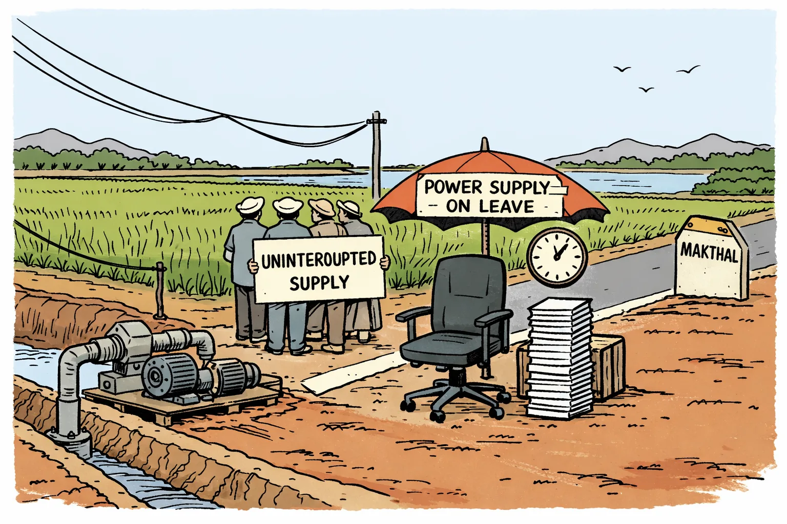 Farmers stand beside a silent borewell and paddy field while an empty chair labelled power supply on leave sits outside a small electricity office near a rural Telangana road.