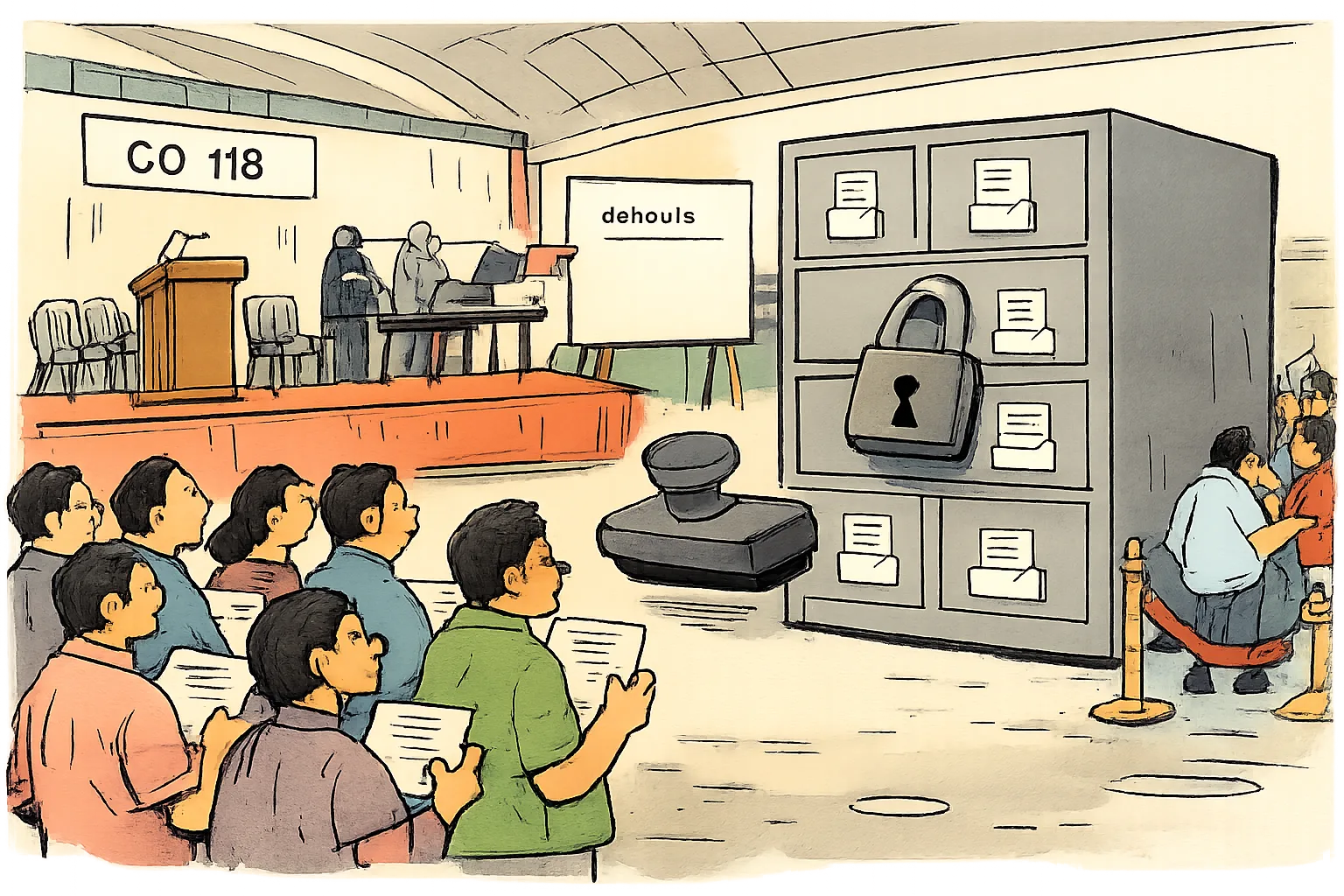 Residents hold certificates inside a Saroornagar stadium while an oversized locked filing cabinet and an unused official stamp sit beside a small stage where more papers are being distributed.