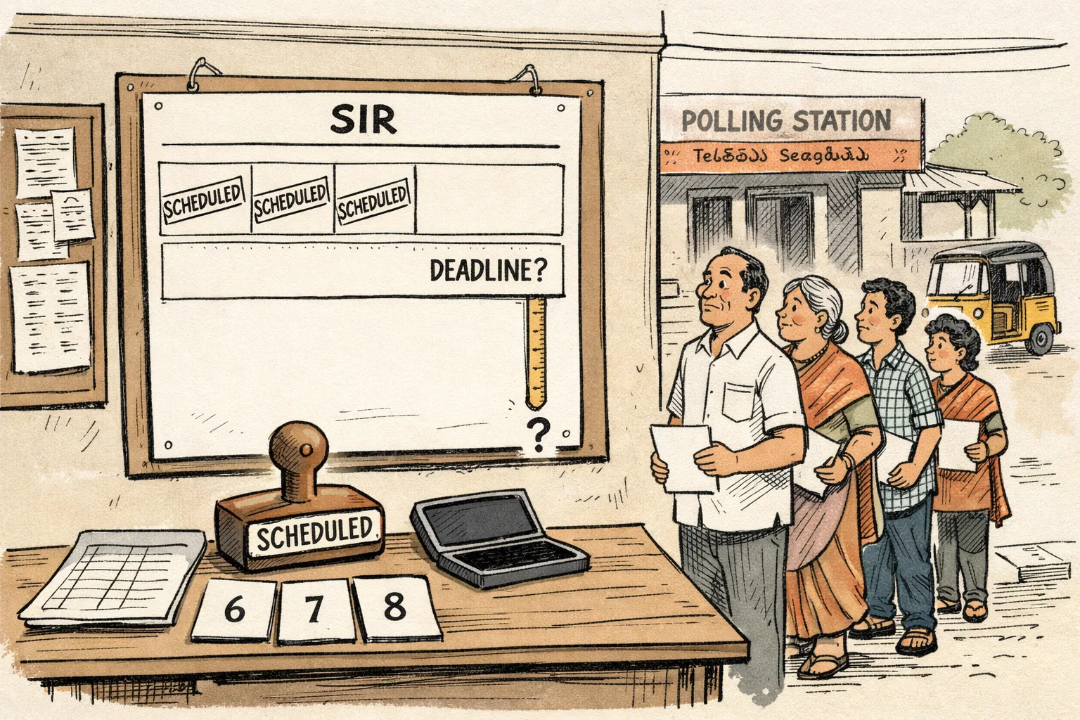 A Telangana polling station noticeboard displays a partly completed electoral calendar, with campaign dates stamped in place but a long blank strip marked “DEADLINE?”; forms and a missing rubber stamp sit on a nearby desk while voters wait.