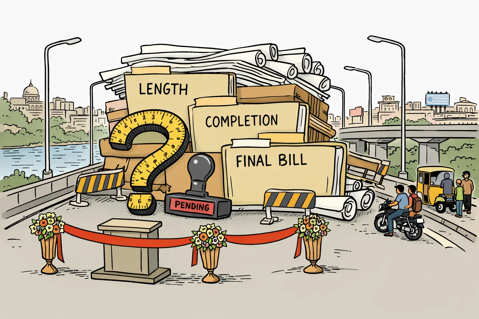 A ribboned bridge over the Musi is partly blocked by oversized files, engineering drawings, a measuring tape shaped like a question mark and a pending stamp.