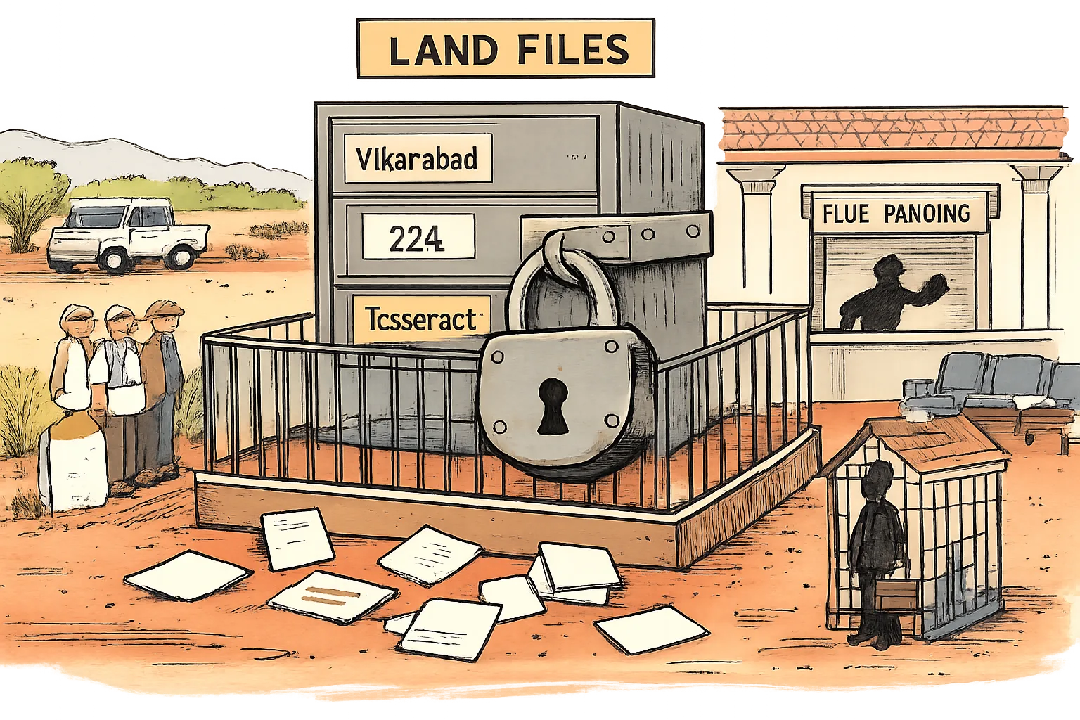 A giant locked government file cabinet labelled Vikarabad, 22A and Tesseract stands behind a grille, while farmers, a realtor and empty council seats wait outside amid scattered papers.