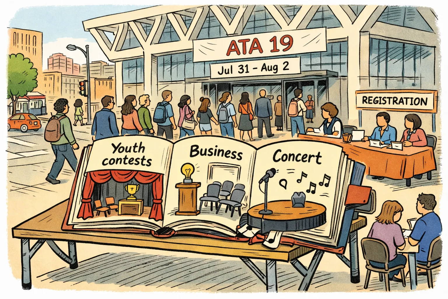 A hand-drawn editorial cartoon of a Baltimore convention centre transformed into a Telugu weekend festival, with a small programme booklet in the foreground listing contests, business matchmaking and a concert, while a queue of unidentifiable attendees enters beneath oversized banners.
