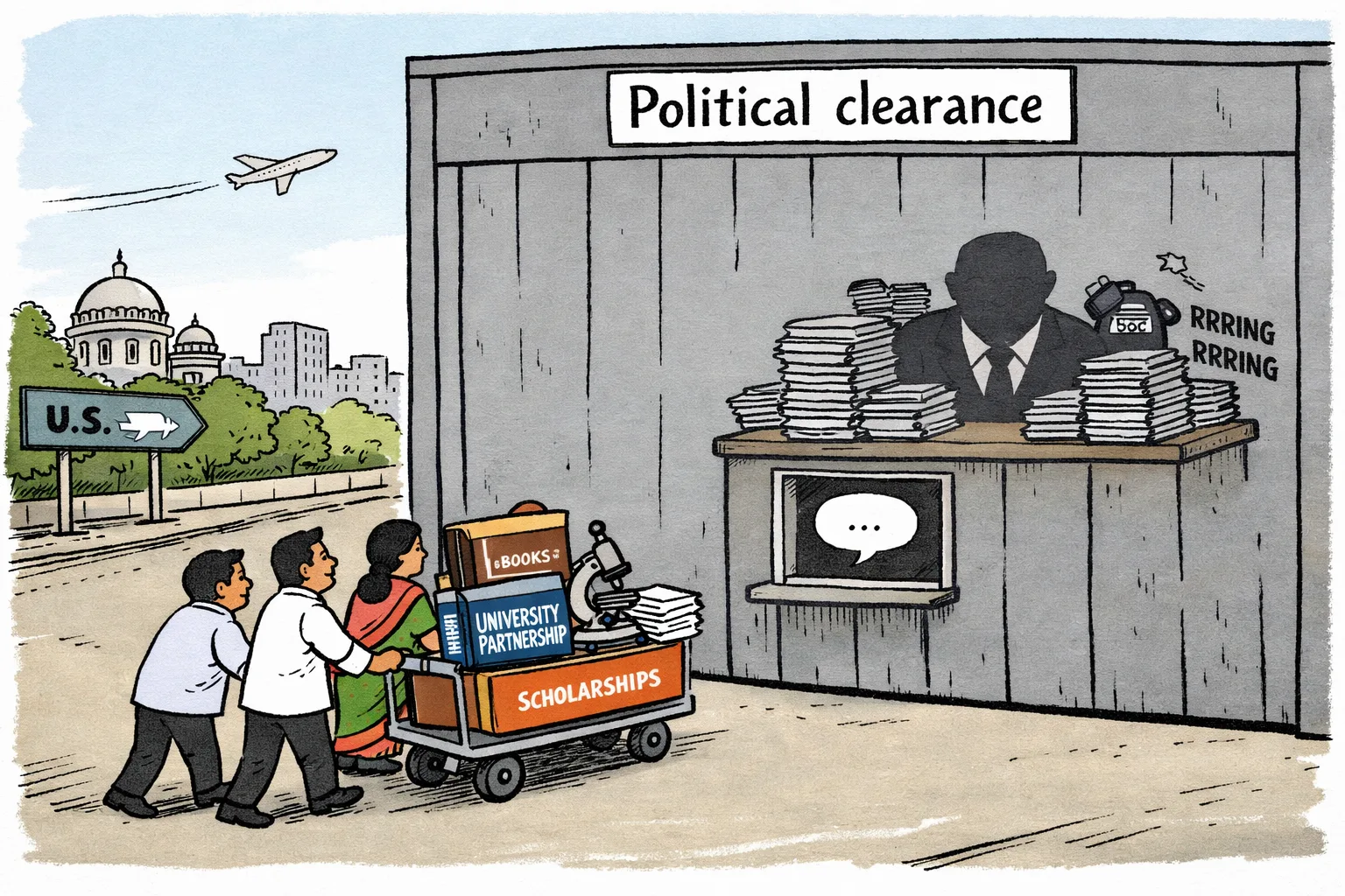 A trolley carrying books, research papers and a microscope is stopped at a huge closed gate labelled “Political clearance”, while an empty service window and silent government office sit behind it.