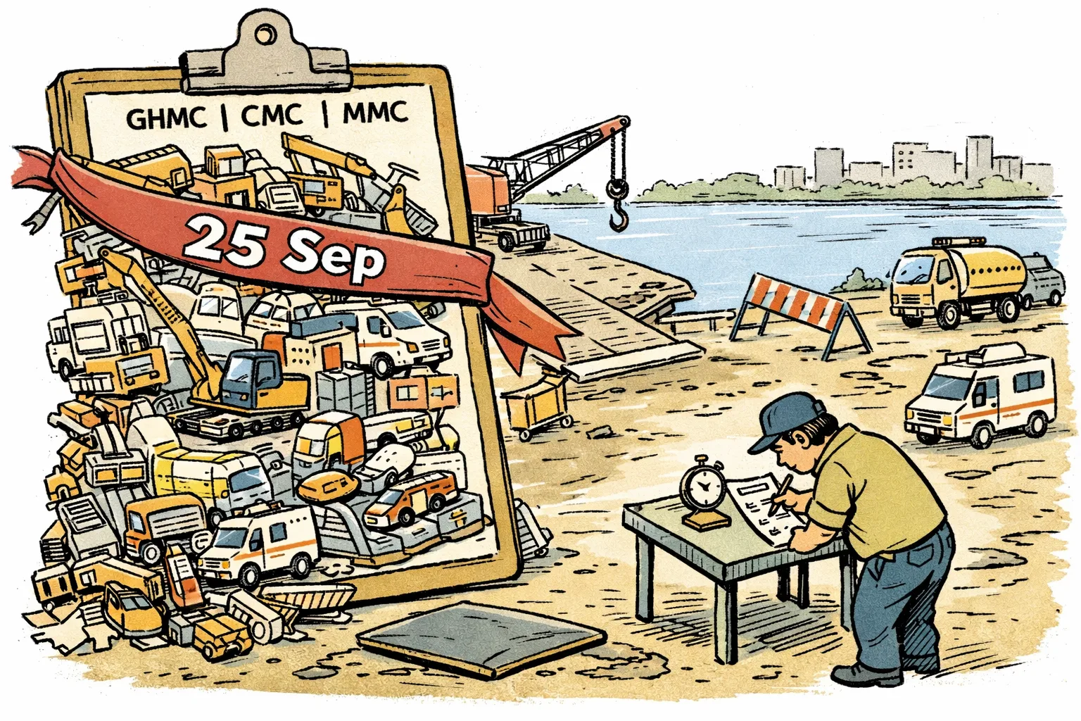 A cartoon at a Hyderabad immersion route shows a giant municipal inventory clipboard piled with drawings of cranes and civic equipment while a small inspection desk faces an idle crane, a crooked barricade and a lifted road patch.