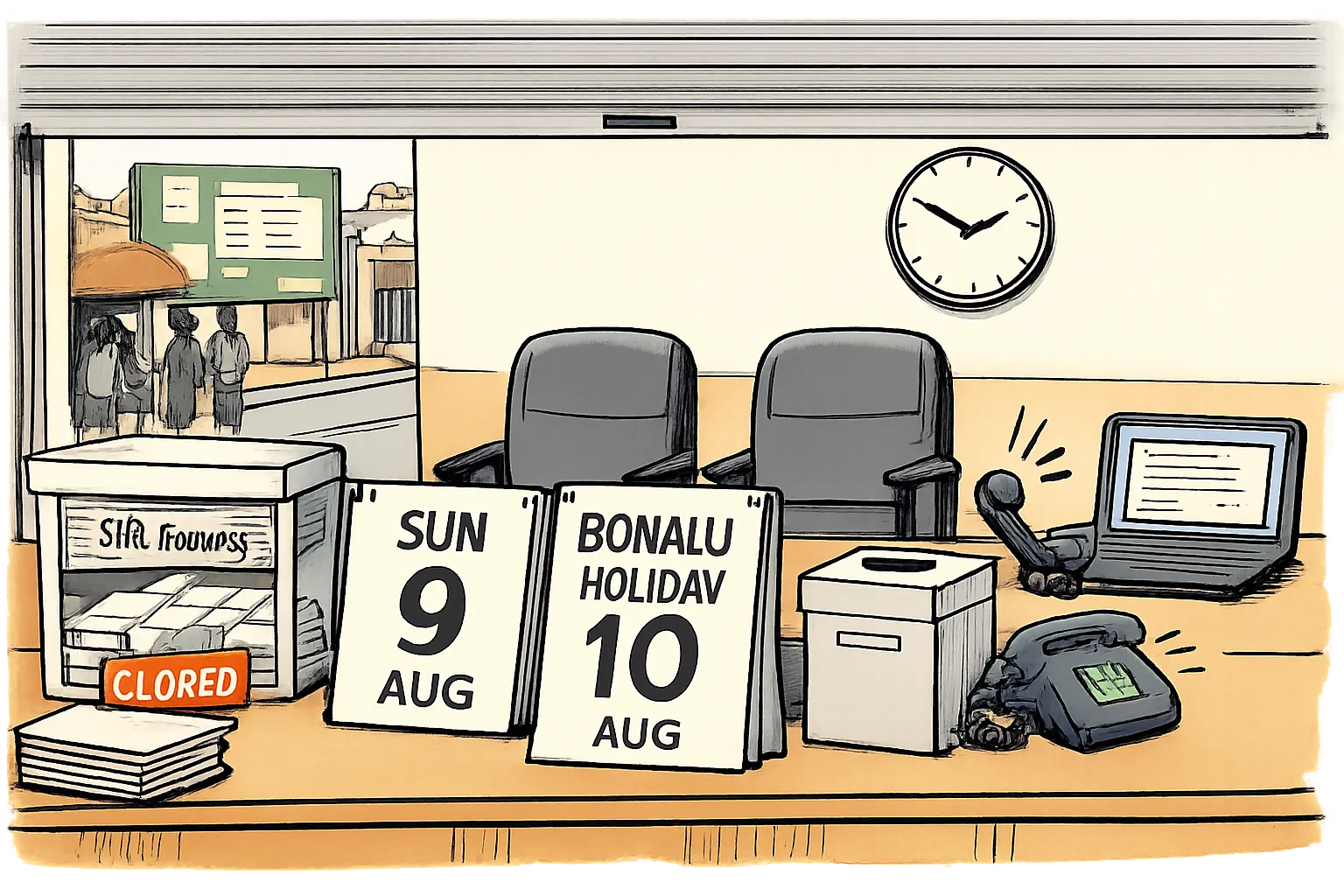 A Telangana election help desk stands closed between a Sunday calendar page and a Bonalu holiday calendar page, while SIR forms pile up behind a locked collection box and an online submission screen glows unattended.