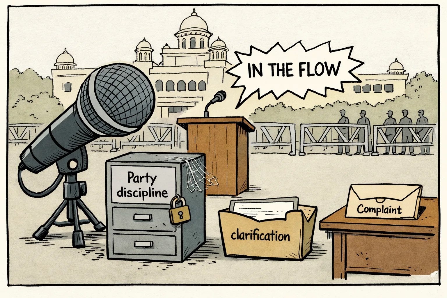 An oversized microphone beside a locked filing cabinet labelled party discipline, with a small clarification folder and a police complaint envelope outside the Telangana Assembly.