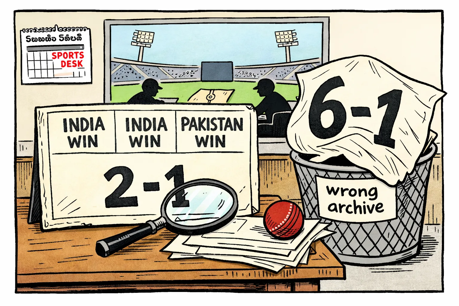 A cricket scorecard marked 2–1 stands beside a collapsing oversized 6–1 placard and a wastebasket labelled wrong archive.