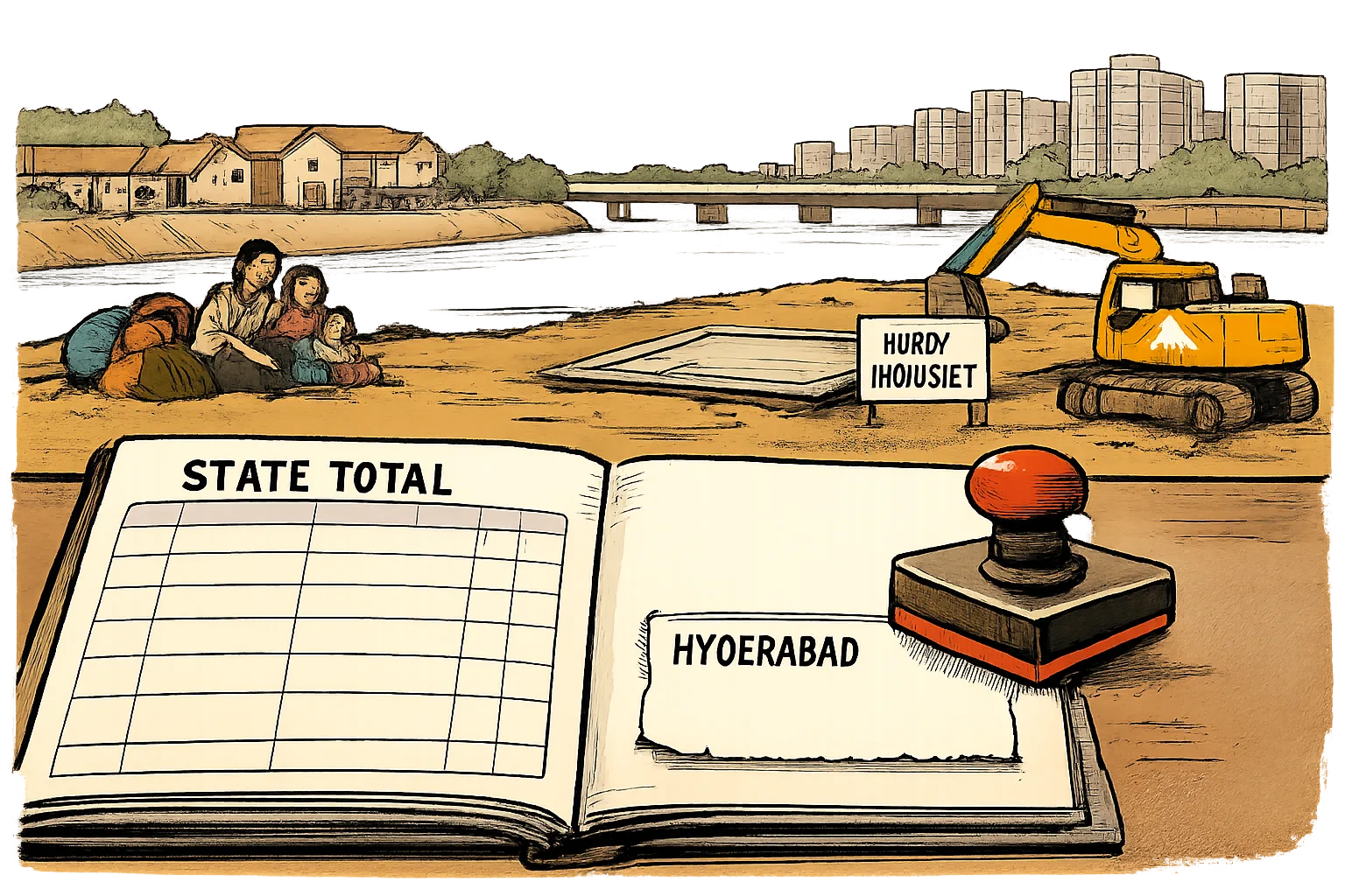 An editorial cartoon shows an empty house foundation beside the Musi in Hyderabad, while a large government ledger displays a statewide total and leaves its Hyderabad box blank.