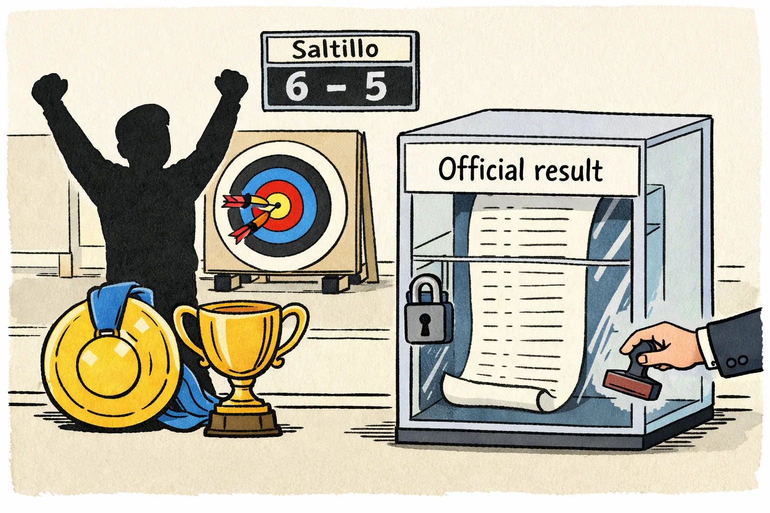An anonymous archer stands beside a gold medal and trophy while an official scorecard sits locked in a filing cabinet near an archery target.